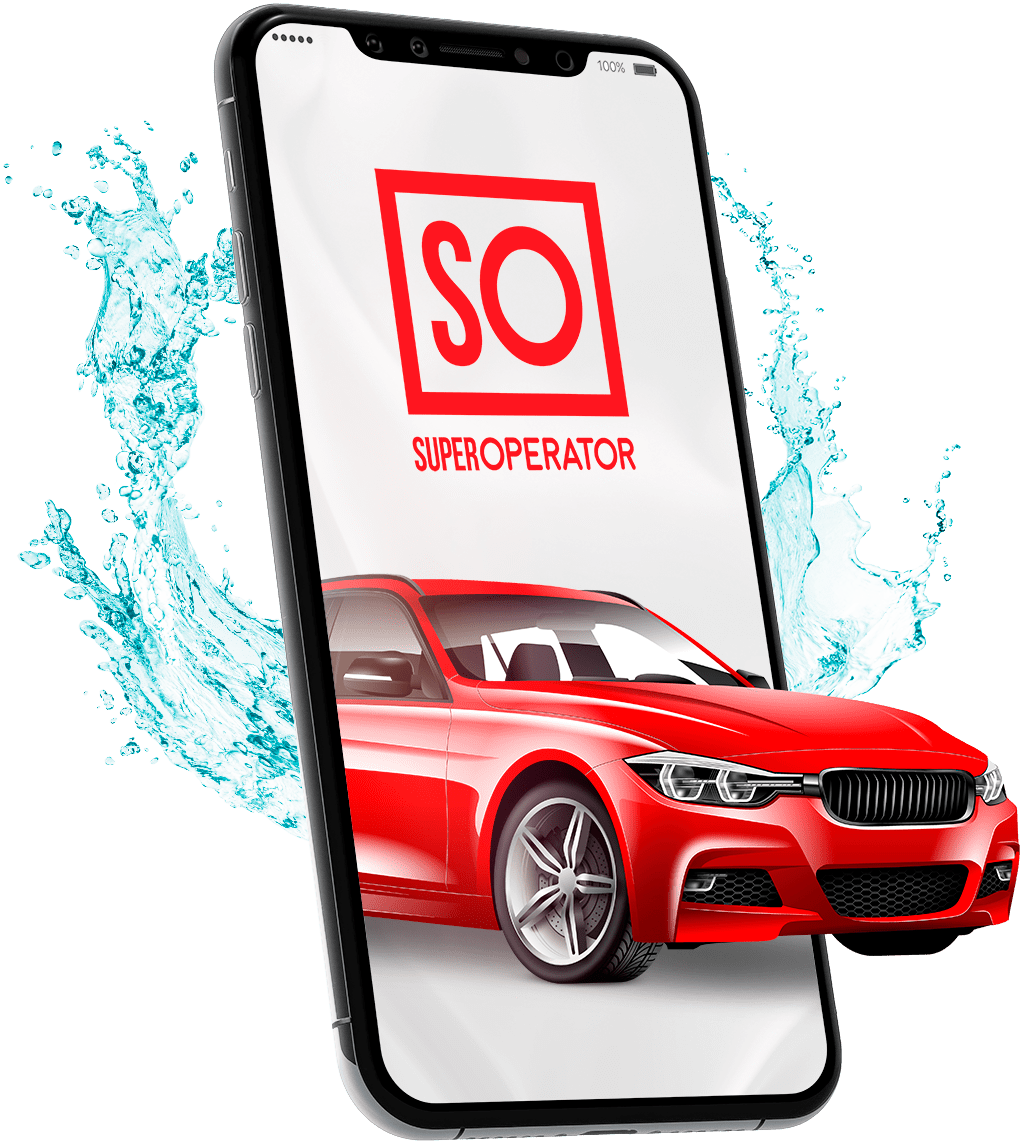 A red freshly washed car coming out of the Superoperator app on a smartphone