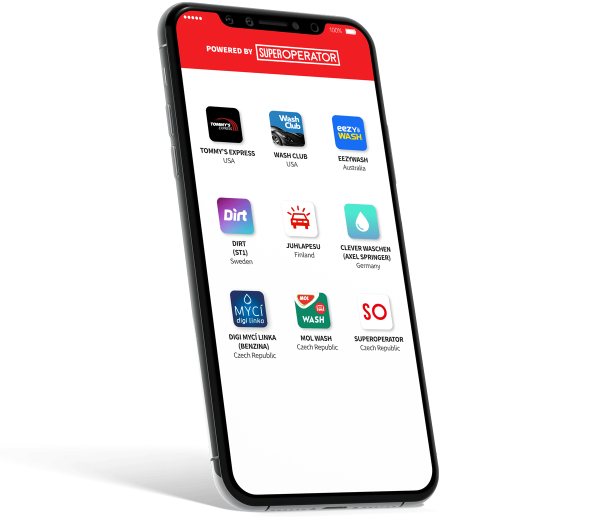 A smartphone with car wash apps running on the Superoperator platform
