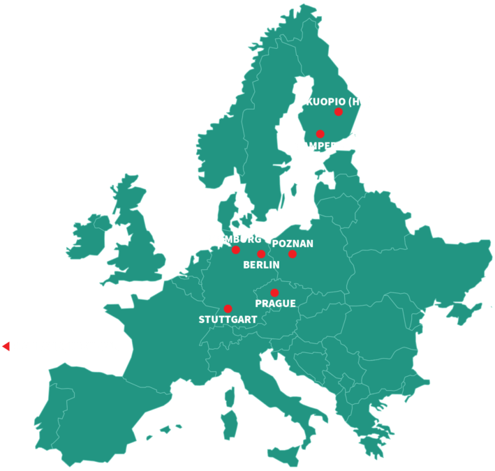 Superoperator team locations in Finland, Czech Republic, Poland and Germany on a vector map of Europe