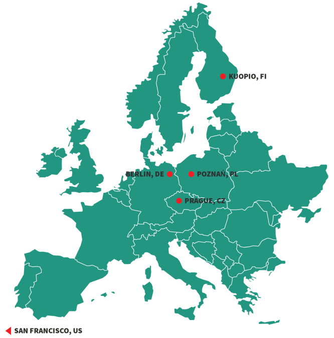 Die Standorte des Teams von Superoperator in Finnland, der Tschechischen Republik, Polen und Deutschland auf einer Vektorkarte für Europa