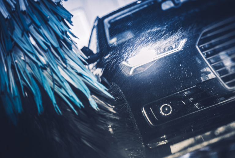 A left-tilted view of the front corner of a black car. The front light and parts of the front and side windows and grill are visible. The front light is on, reflecting the water spraying in the air. A blue cylindrical car wash brush is on the left side of the car.